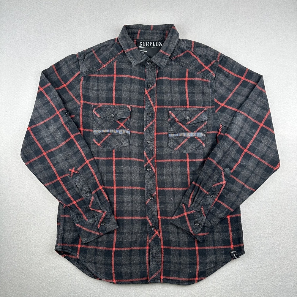 Surplus Flannel Shirt Mens Medium Gray Red Plaid Long Sleeve‎ Button Down Cotton